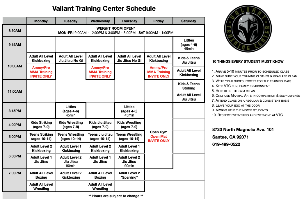 Schedule Valiant Training Center