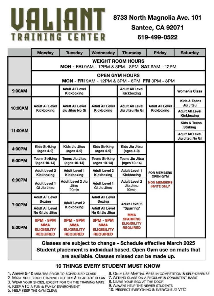 MMA Kickboxing BJJ Jiu Jitsu Martial Arts schedule adults teens kids fight